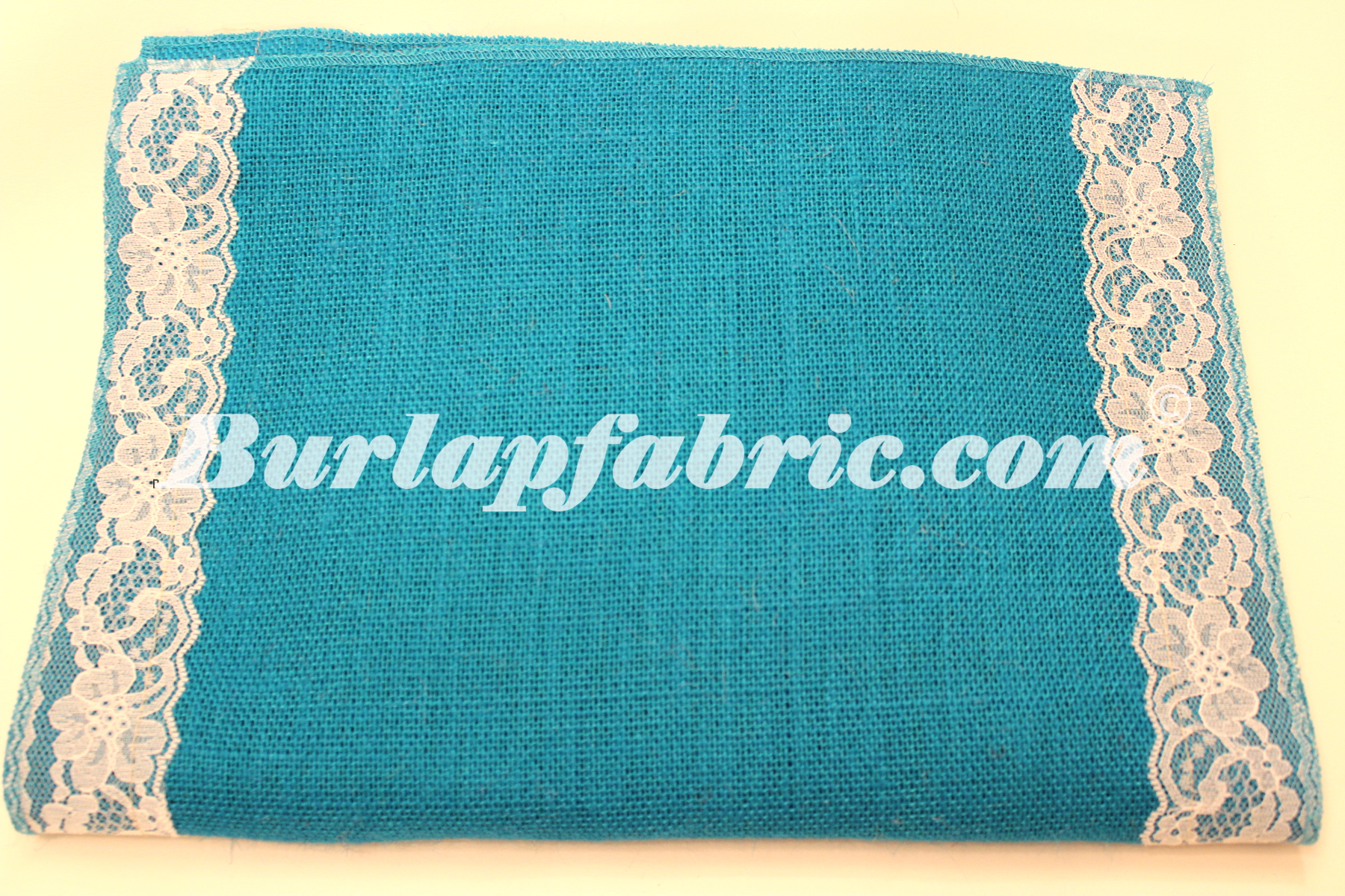 14" Bahama Turquoise Burlap Runner with 2" White Lace Borders