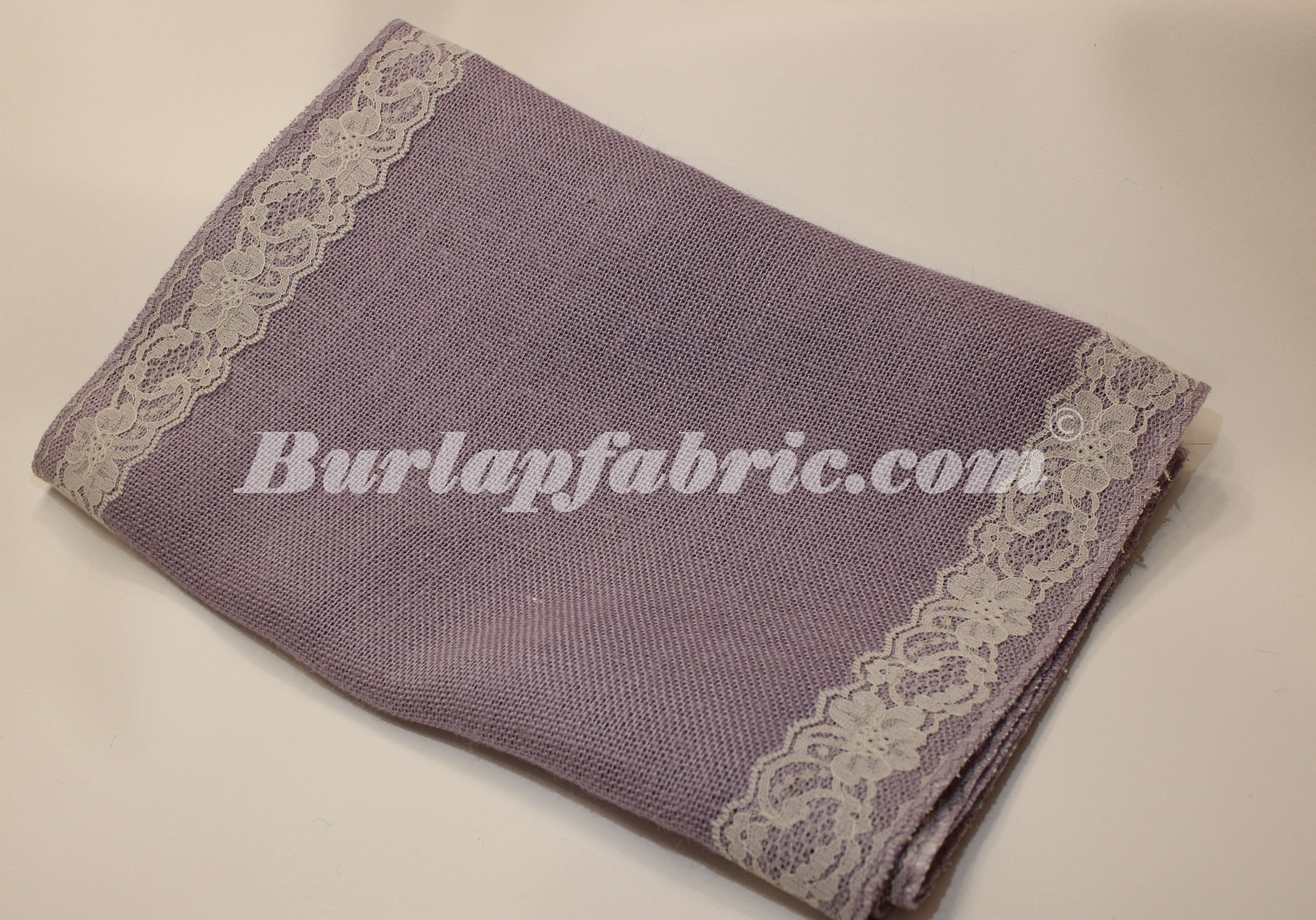 14" Violet Burlap Runner with 2" Ivory Lace Borders - Click Image to Close