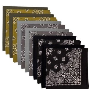 (image for) USA Made Paisley & Solid Bandanas - Black, Charcoal, Olive 12 Pk 22" 100% Cotton