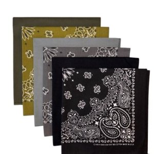 (image for) USA Made Paisley & Solid Bandanas - Black, Charcoal, Olive 6 Pk 22" 100% Cotton