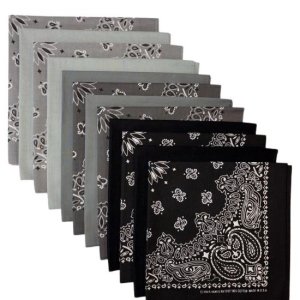 (image for) USA Made Paisley & Solid Bandanas - Black, Charcoal, Silver 12 Pk 22" 100% Cotton