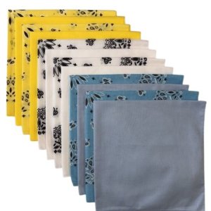 (image for) USA Made Paisley & Solid Bandanas - Light Blue, White, Yellow 12 Pk 22" 100% Cotton