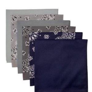 (image for) USA Made Paisley & Solid Bandanas - Navy, Charcoal, Silver 6 Pk 22" 100% Cotton