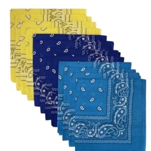 (image for) Paisley Bandanas Turquoise, Royal Blue, Yellow 22" x 22" Cotton (12 Pk)