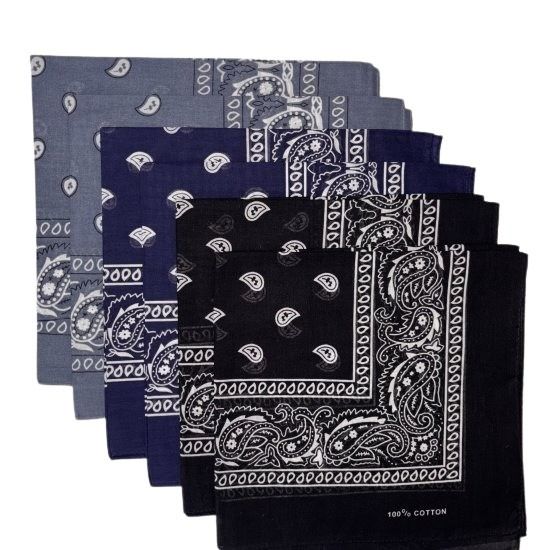 (image for) Paisley Bandanas Black, Navy, Grey 22" x 22" 100% Cotton (6 Pk)