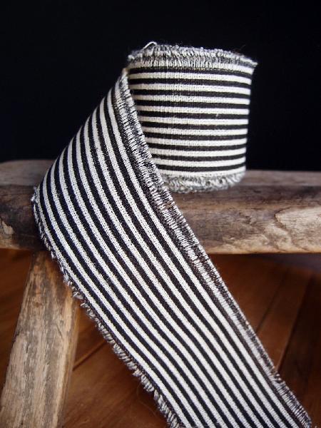 2" Linen Ribbon Black Stripes - 5 Yards Fringed Edges - Click Image to Close