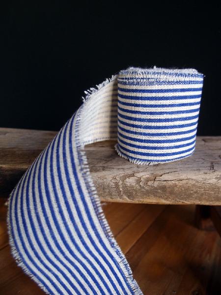 2" Linen Ribbon Ocean Blue Stripes - 5 Yards Fringed Edges - Click Image to Close