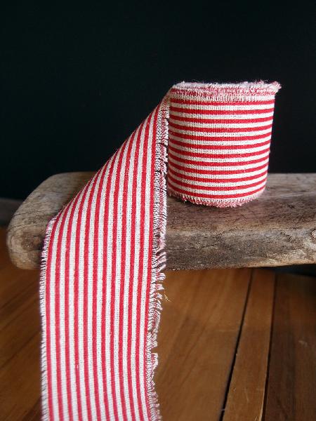 2" Linen Ribbon Red Stripes - 5 Yards Fringed Edges - Click Image to Close