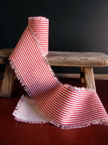 3" Linen Ribbon Red Stripes - 5 Yards Fringed Edges - Click Image to Close