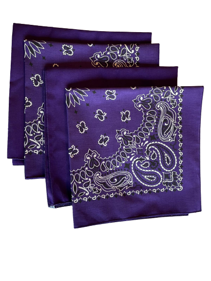 USA Made Paisley & Solid Purple Bandanas 4 Pk 22" 100% Cotton