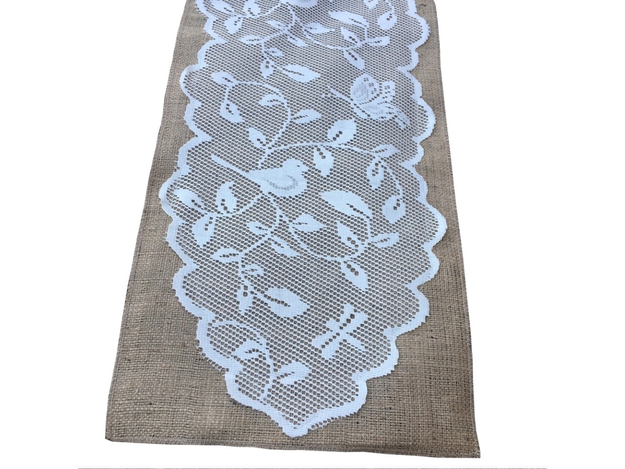 Burlap Table Runner With Lace - Bird Design 14" x 96"