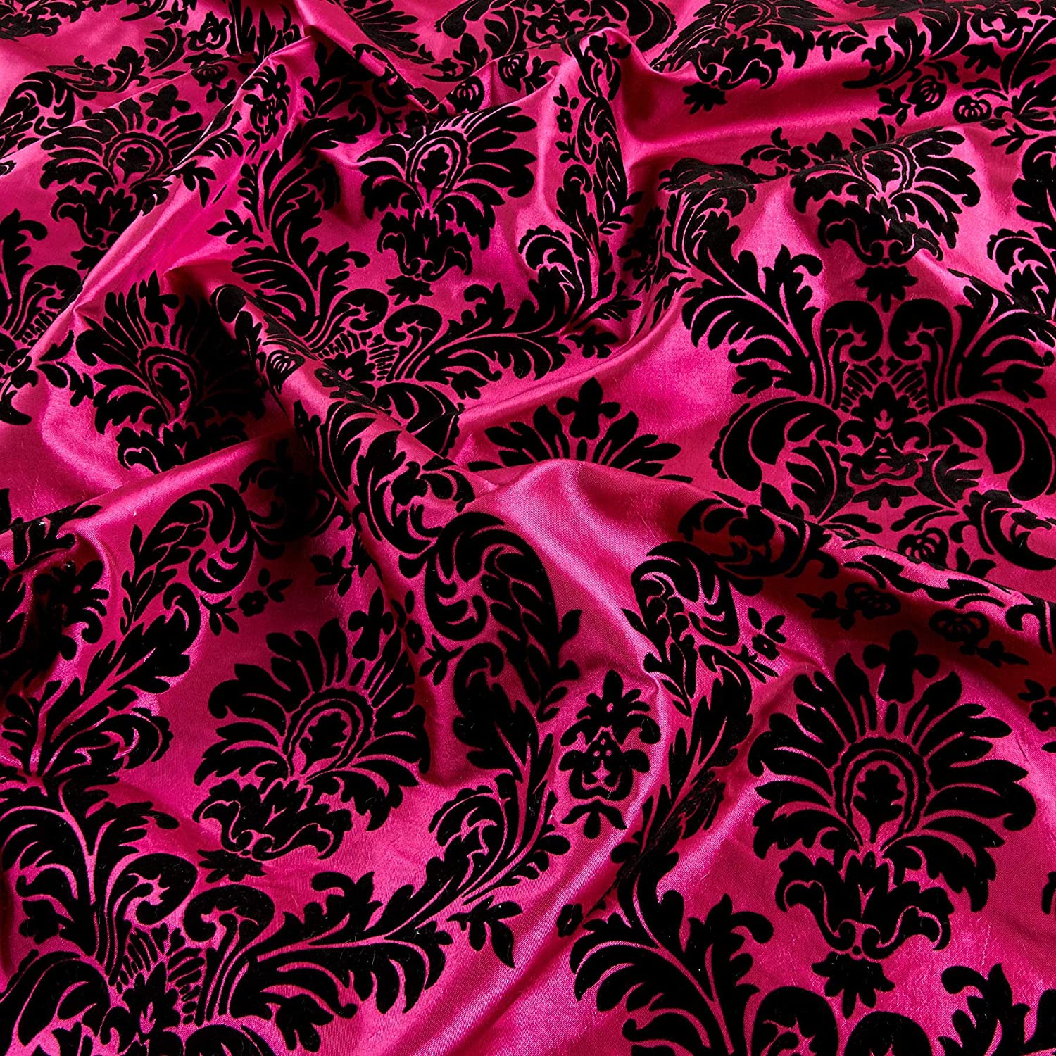 58/60" Fuchsia/Black Flocked Damask Taffeta Fabric By The Yard