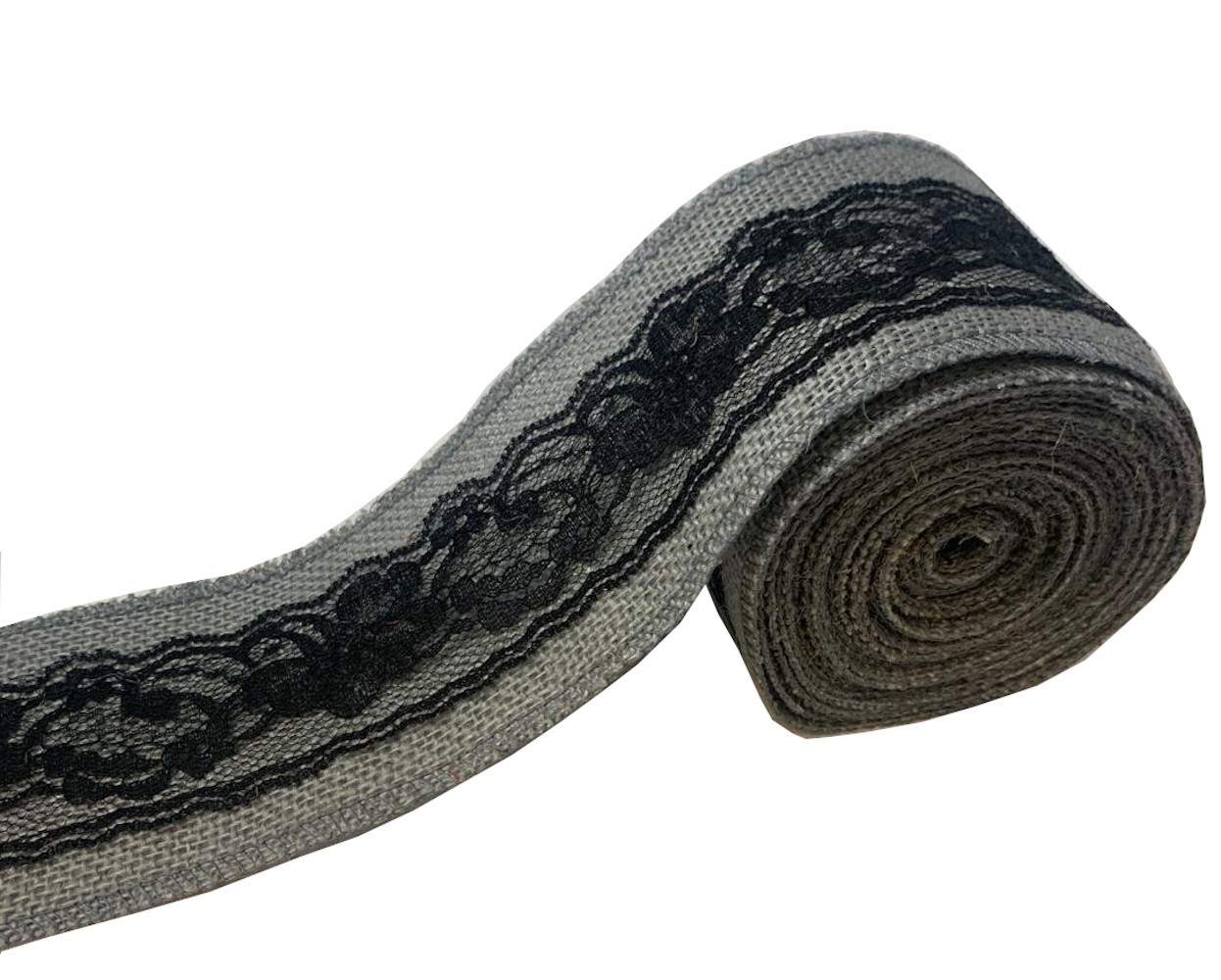 3" Grey Burlap Ribbon With Black Lace 5 Yard Roll - Made in USA - Click Image to Close