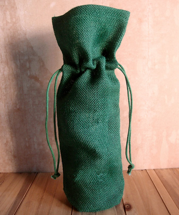 Hunter Green Jute Wine Bag With Drawstring 6" x 15" x 3.5" - Click Image to Close