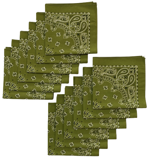 Made in the USA Olive Paisley Bandanas 12 Pk, 22" x 22" Cotton