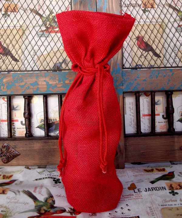 RED JUTE WINE BAG WITH DRAWSTRING 6" X 15" X 3.5"