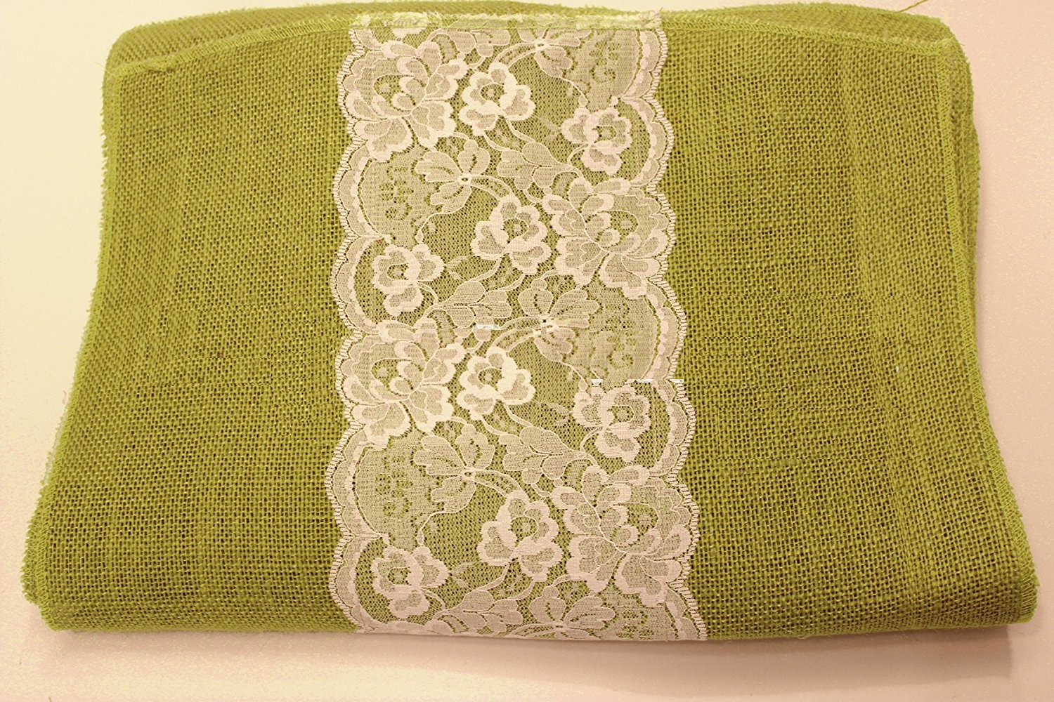 14" Avocado Burlap Runner with 6" White Lace