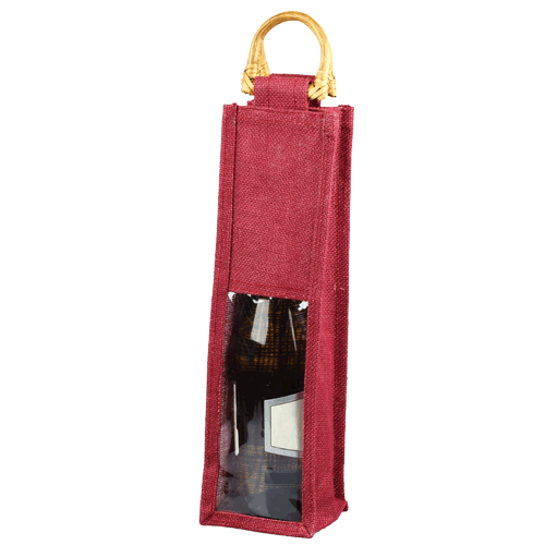4" x 4" x 14" Burlap Wine Bag - Burgundy w/Clear Window
