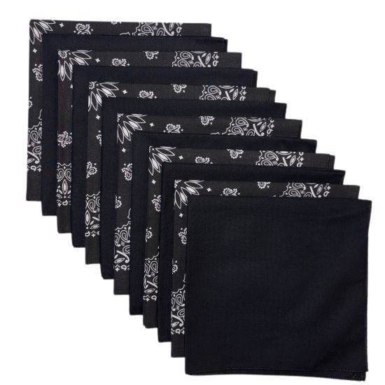 (image for) USA Made Paisley & Solid Black Bandanas 12 Pk 22" 100% Cotton