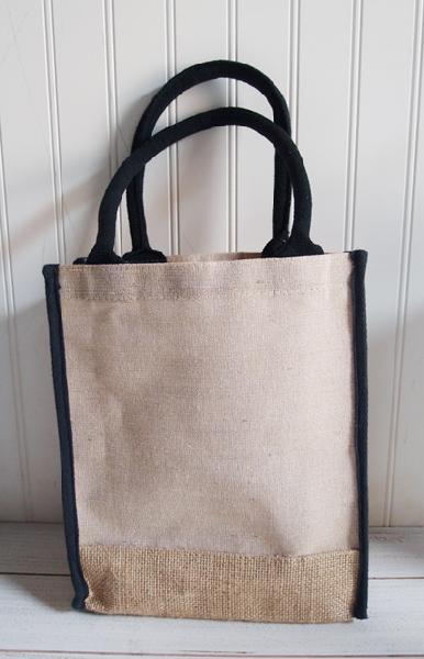 Burlap Tote Bag with Black Handles 9"Wx11"Hx4"D