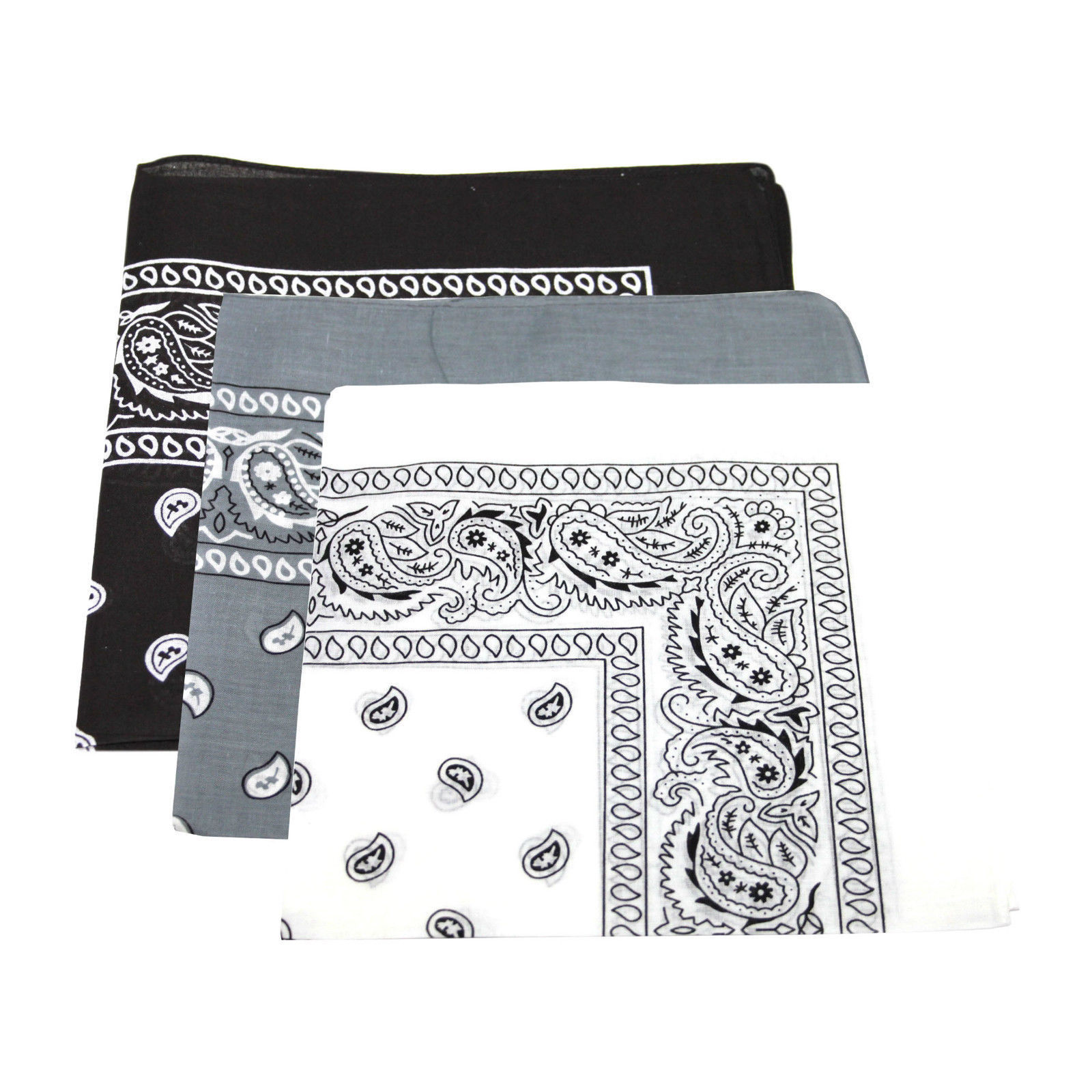 Paisley Bandanas Black, White, Grey 22" x 22" Cotton (12 Pk) - Click Image to Close