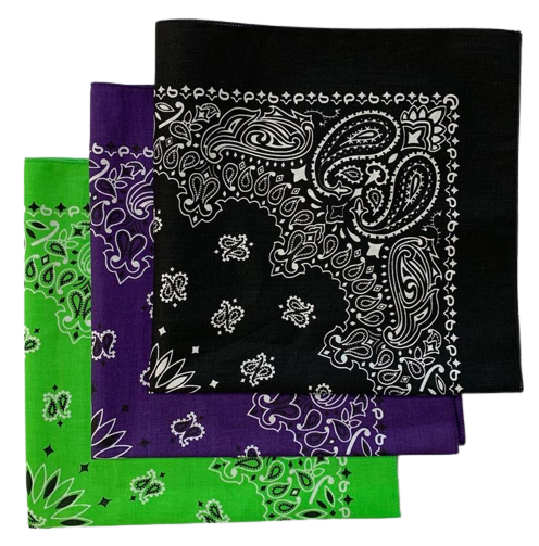 Black, Lime, Purple USA Made Paisley Bandanas (3 Pk) 22" - Click Image to Close