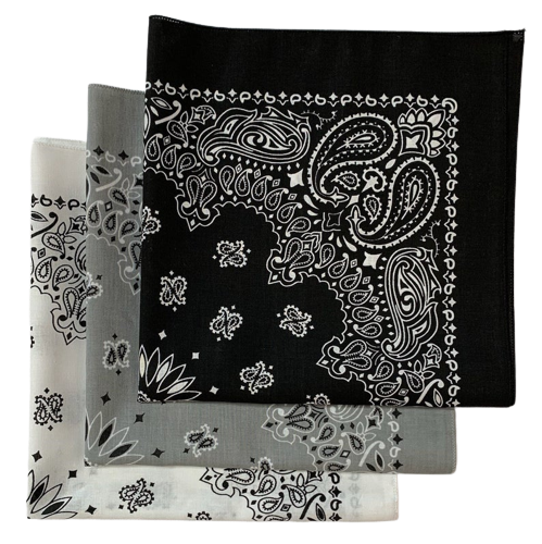 Black, Silver, White USA Made Paisley Bandanas (3 Pk) 22" - Click Image to Close