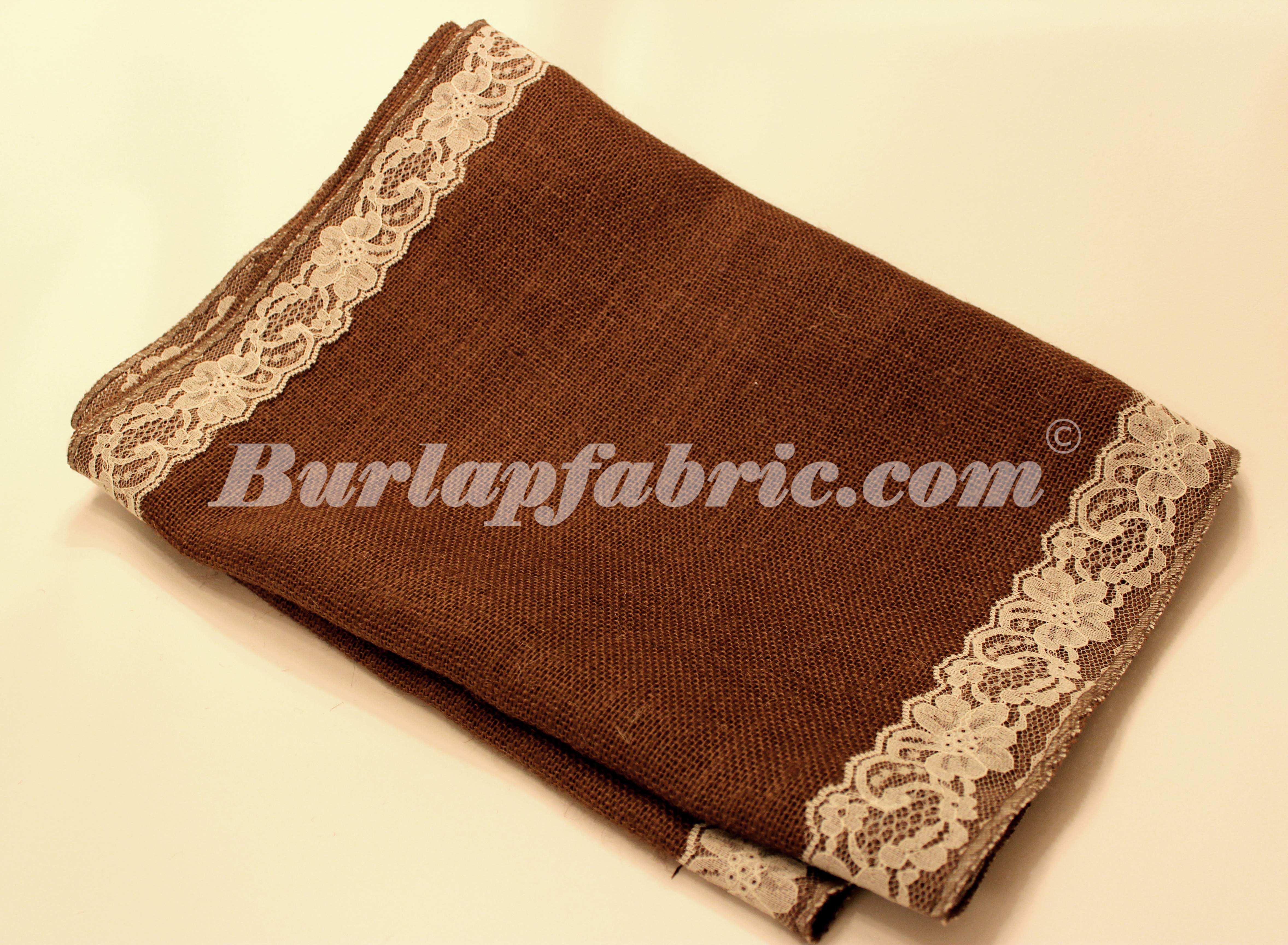 14" Brown Burlap Runner with 2" Ivory Lace Borders