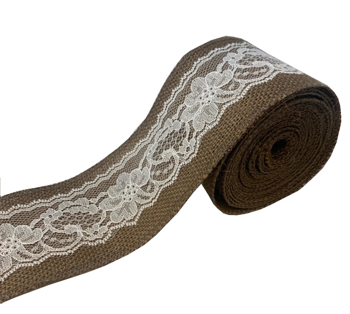 3" Brown Burlap Ribbon With White Lace 5 Yard Roll - Made in USA - Click Image to Close