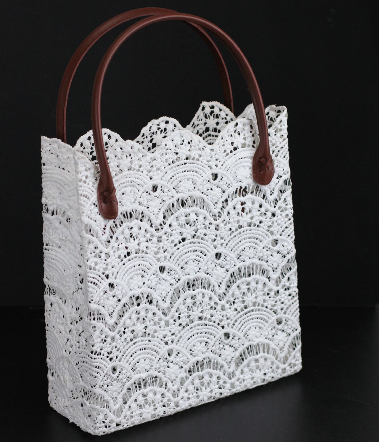 11" x 11.5" x 4" White Lace Bag with Brown Handles - Click Image to Close