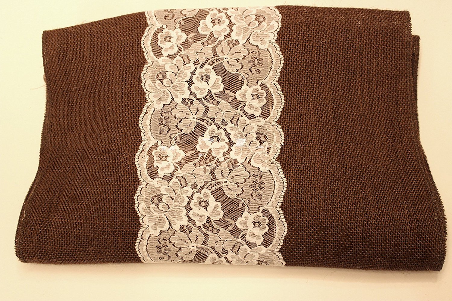 14" Brown Burlap Runner with 6" White Lace - Click Image to Close