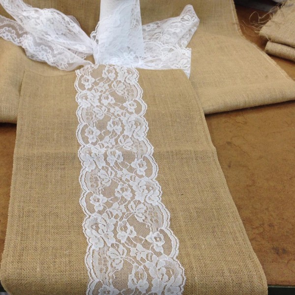 14" Burlap Lace Runner with 6" Lace - Click Image to Close