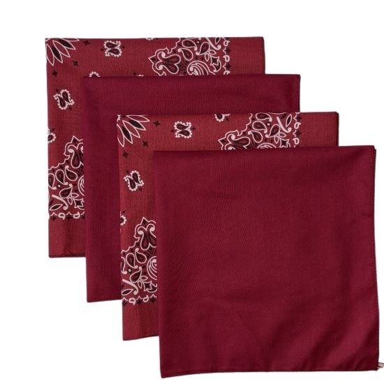 (image for) USA Made Paisley Burgundy & Solid Wine Bandanas 4Pk 22" 100% Cotton