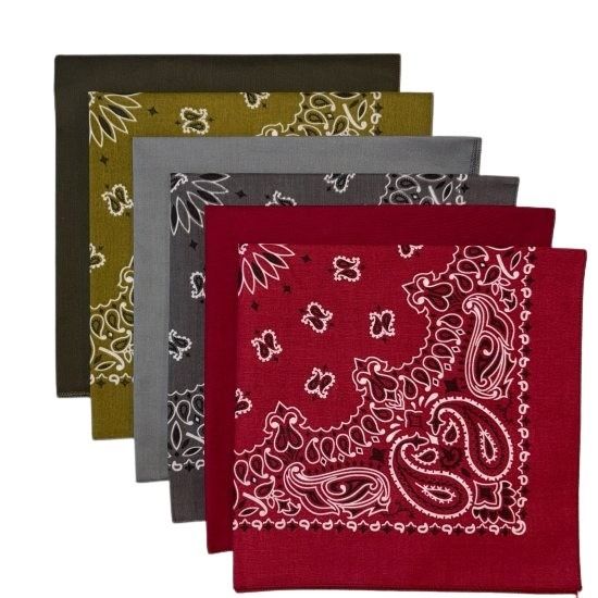 (image for) USA Made Paisley Burgundy, Charcoal, Olive & Solid Wine, Charcoal, Olive Bandanas - 6 Pk 22" 100% Cotton