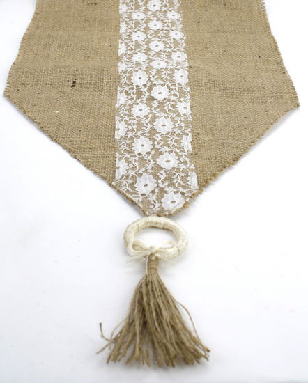 Burlap Runner With Lace Trim and Tassels - 12" x 84" - Click Image to Close
