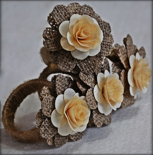 Burlap Ring Napkins with Wood Roses (4 Pack)