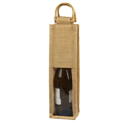 4" x 4" x 14" Burlap Wine Bag - Natural w/Clear Window