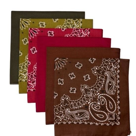 (image for) USA Made Paisley Brown, Burgundy, Olive & Solid Cocoa, Wine, Olive Bandanas - 6 Pk 22" 100% Cotton
