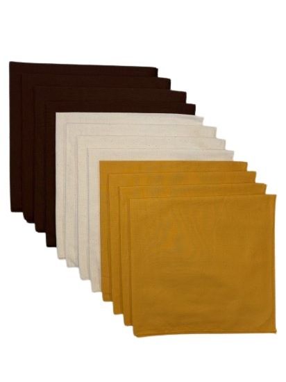 (image for) Made in USA Solid 4 Gold, 4 Natural, 4 Cocoa Bandanas 12 Pack 22" x 22" Cotton
