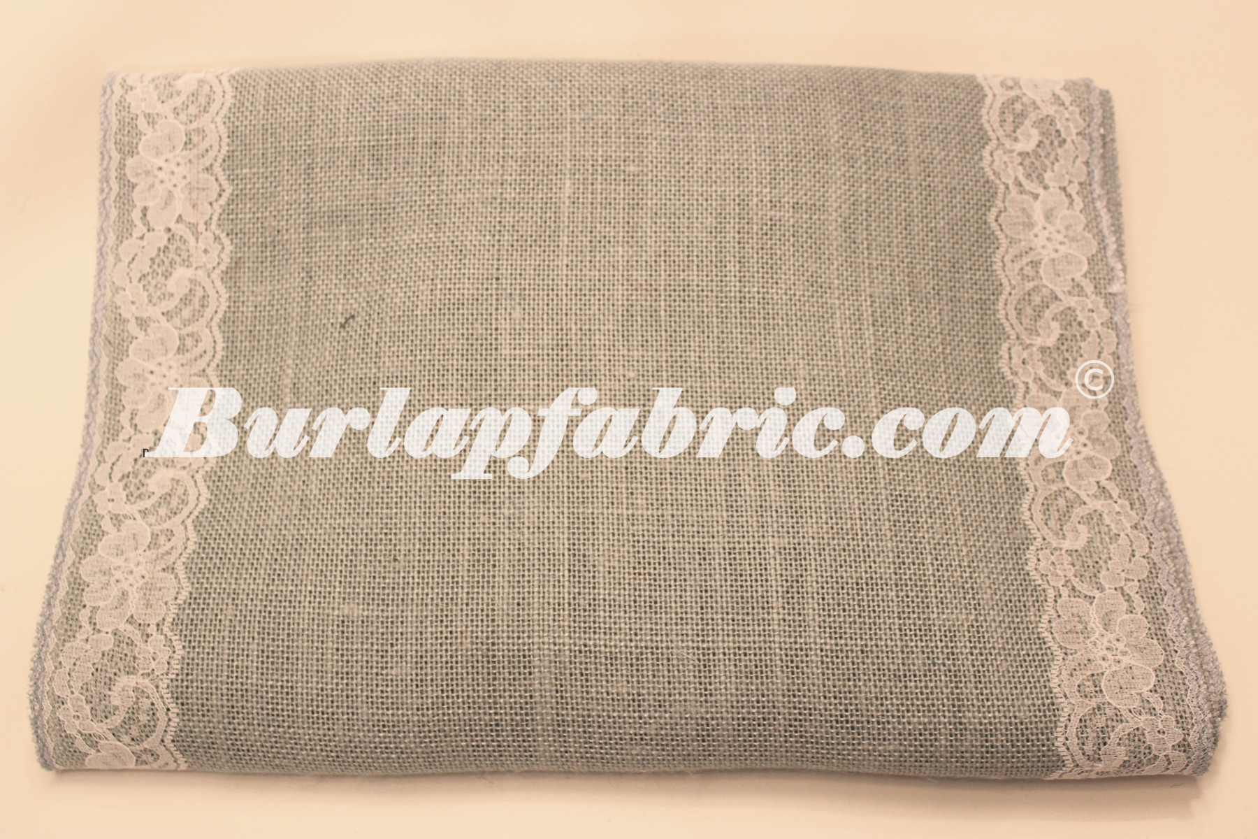 14" Ash Grey Burlap Runner with 2" Whte Lace Ribbon