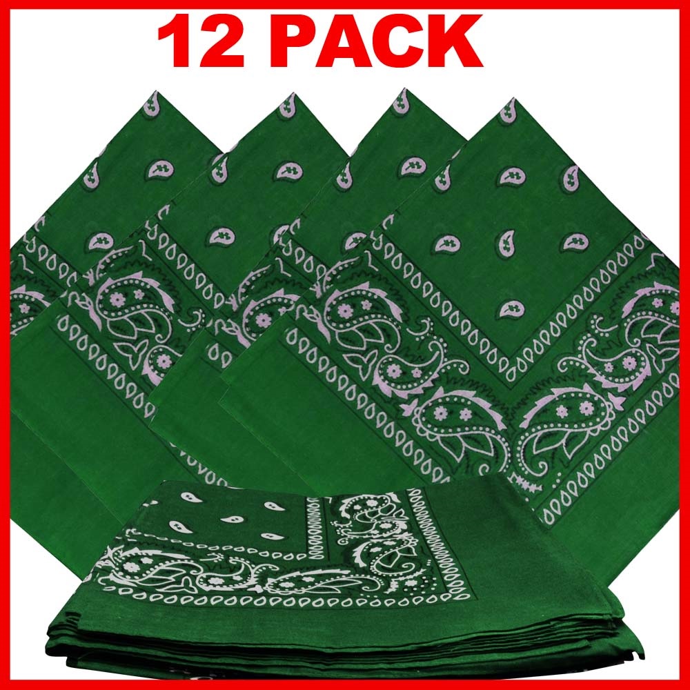Green Paisley Bandanas (12 Pack) 22" x 22" 100% Cotton - Click Image to Close