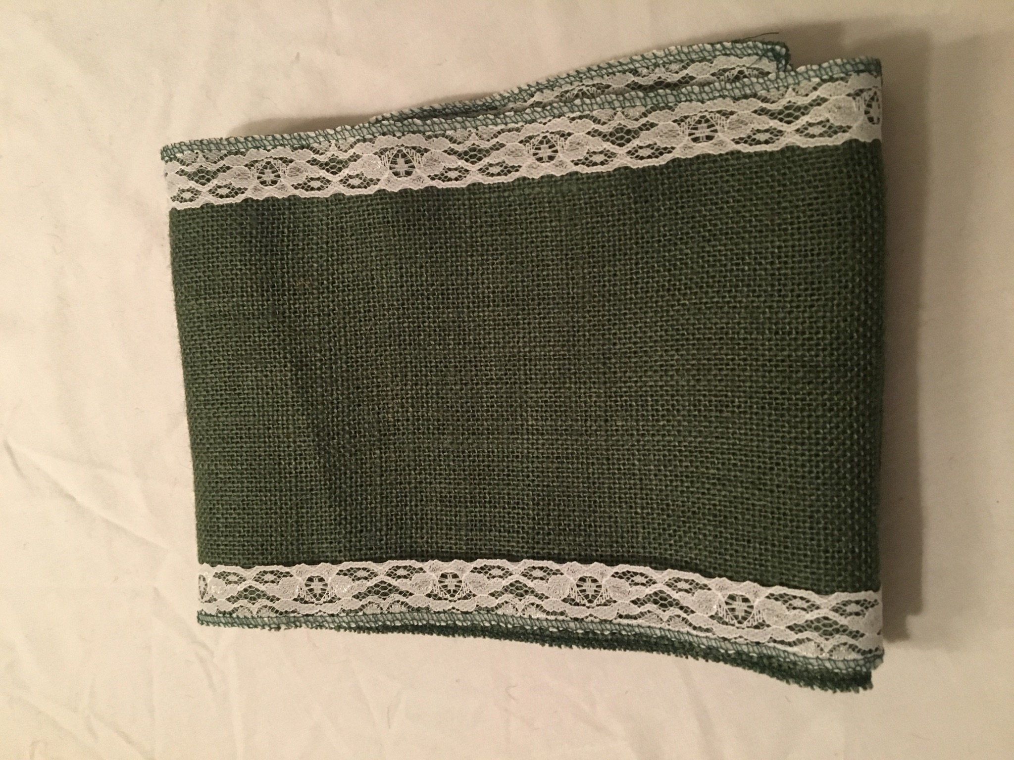 7" Green Burlap Ribbon with White Floral Lace - 6 Foot Length