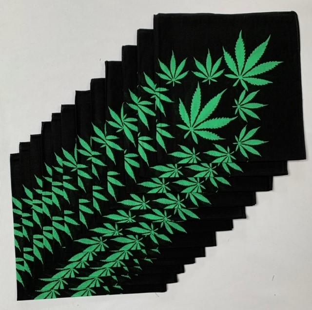 Marijuana Bandanas Green Leaves 22" x 22" - 100% Cotton (12 pk)