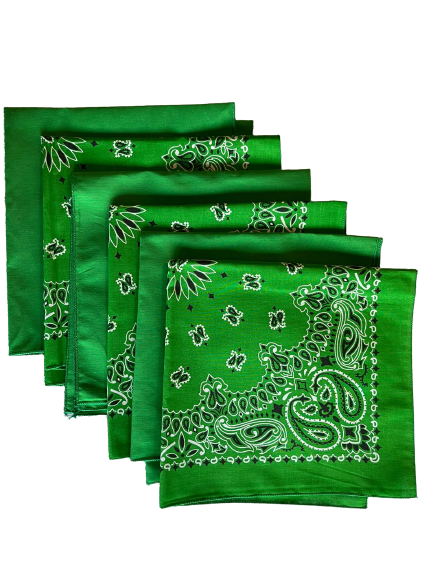 USA Made Paisley & Solid Green Bandanas 6 Pk 22" 100% Cotton