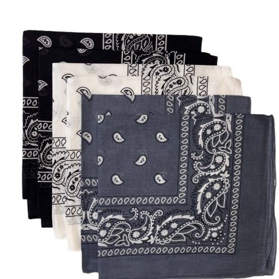 (image for) Paisley Bandanas Grey, White, Black 22" x 22" Cotton (6 Pk)