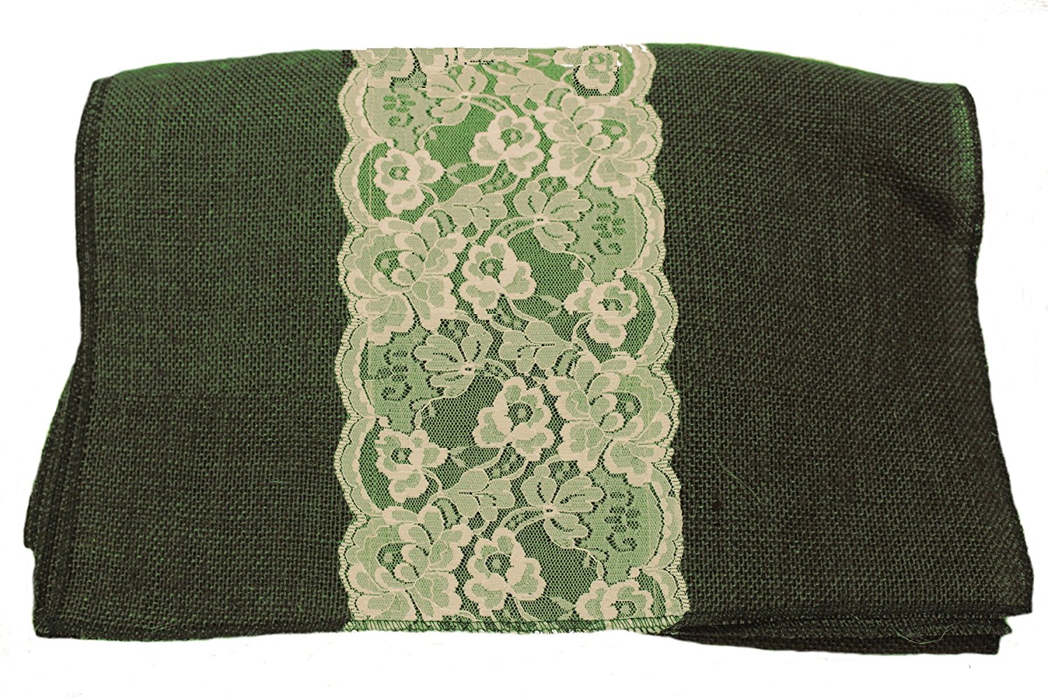 14" Hunter Green Burlap Runner with 6" White Lace - Click Image to Close
