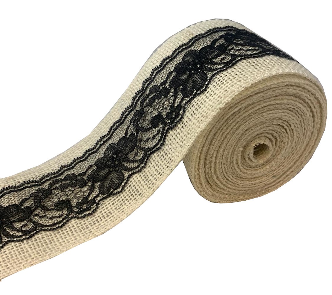 3" Oyster Burlap Ribbon w/Black Lace 5 Yard Roll - Made in USA