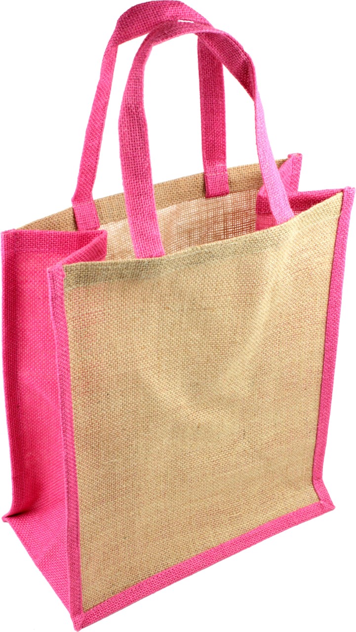 12"W x 14"H x 7"D Jute Tote Bag With Pink Wall & Handles - Click Image to Close