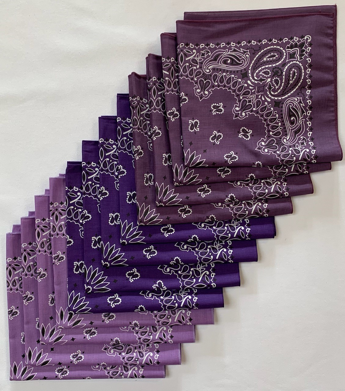 USA Made Paisley Bandanas 12Pk, 22" x 22" Lavender, Purple, Plum