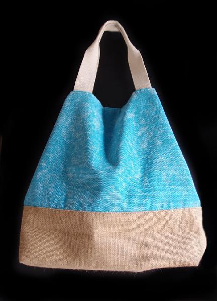 Washed Canvas L/Blue Tote Bag With Burlap - 14"W x 16"H x 5 Â½"D